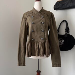 Free People Olive Military Jacket with Ruffle Hem Size Small